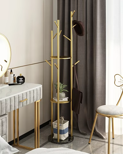 Golden Coat Rack With Modern Design In Bedroom Vanity Area Featuring Mirror Plant And Chair 3d model