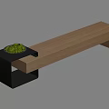 Wooden Long Bench with Black Metal Frame and Green Plant Pot