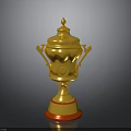 Ornate Shiny Golden Trophy With Decorative Lid Handles And Red Base