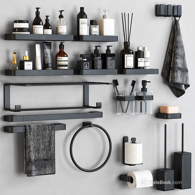 Bathroom Washroom Daily Supplies Organizers with Toiletries Shelves Towel Racks Soap Dishes and Towels 3d model 