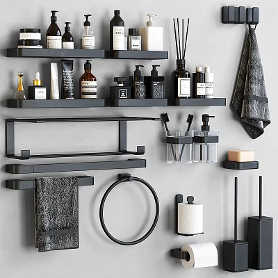 Bathroom Washroom Daily Supplies Organizers with Toiletries Shelves Towel Racks Soap Dishes and Towels 3d model