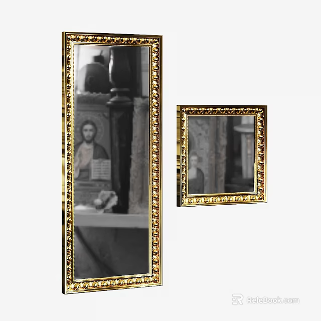Ornate Gold Framed Mirrors with Intricate Carved Borders Displaying Religious Portraits 3d model 
