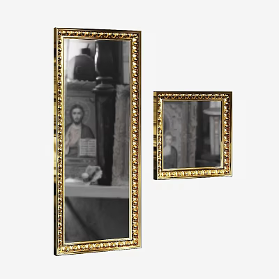 Ornate Gold Framed Mirrors with Intricate Carved Borders Displaying Religious Portraits 3d model