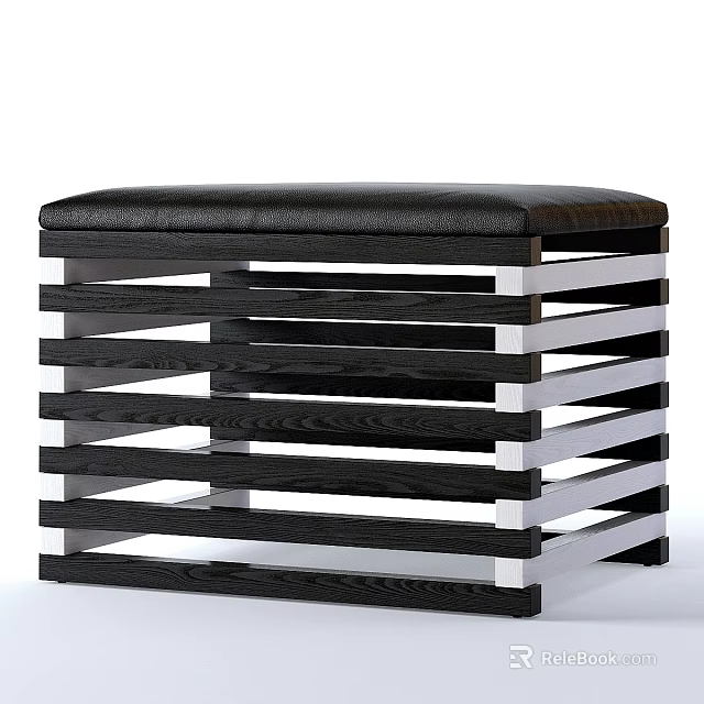 Modern Black Sofa Stool With Wooden Slats And Silver Metal Frame Design 3d model 