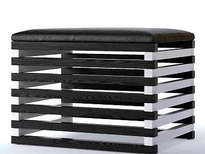 Modern Black Sofa Stool With Wooden Slats And Silver Metal Frame Design 3d model