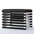 Modern Black Sofa Stool With Wooden Slats And Silver Metal Frame Design