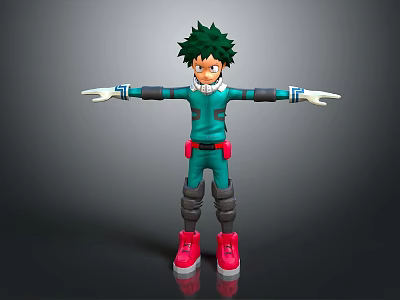 Game And Movie Character 3D Model With Green Hair Teal Outfit Red Shoes Arms Outstretched 3d model