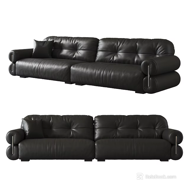 Modern Black Leather Two Seater Sofa With Tufted Back Armrests And Cushions 3d model 