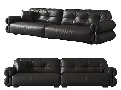 Modern Black Leather Two Seater Sofa With Tufted Back Armrests And Cushions 3d model