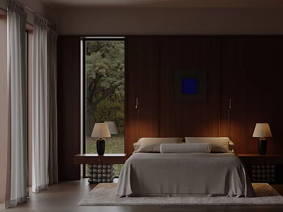 Cozy Bedroom With Dark Wooden Walls Bedside Lamps Window Trees View And Light Curtains 3d model