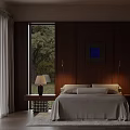Cozy Bedroom With Dark Wooden Walls Bedside Lamps Window Trees View And Light Curtains