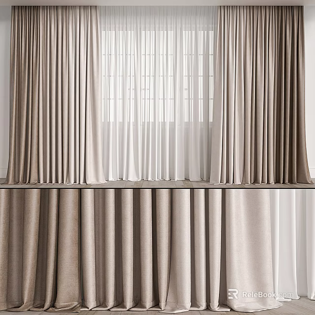 Elegant Layered Curtains In Beige And White Tones With Sheer Panels For Home Decoration 3d model 