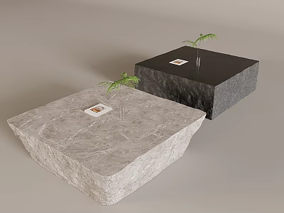 Light And Dark Gray Marble Coffee Tables With Small Potted Plants And Books 3d model
