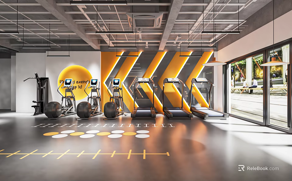 Modern Fitness Gym Interior With Treadmills Dumbbells Workout Markings And Large Window 3d model 