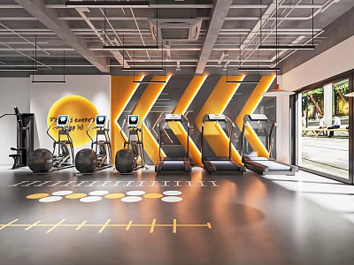 Modern Fitness Gym Interior With Treadmills Dumbbells Workout Markings And Large Window 3d model
