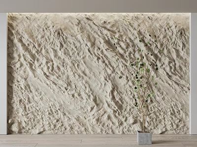 Textured Background Wall With Natural Sandstone Rough Texture And Green Leaf Potted Plant 3d model