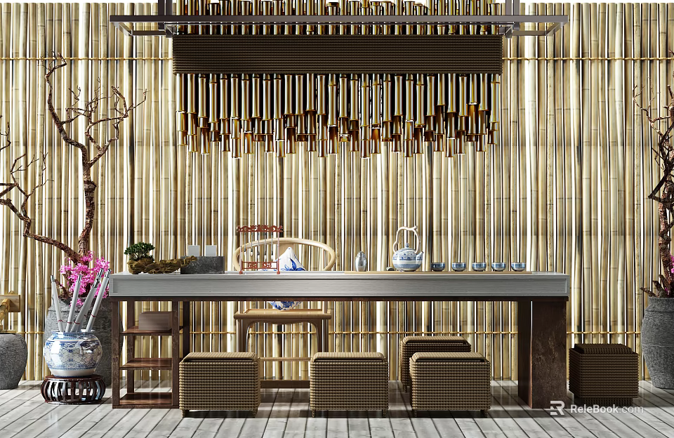 Chinese Style Tea Table And Chairs With Bamboo Backdrop Rattan Stools And Tea Sets 3d model 