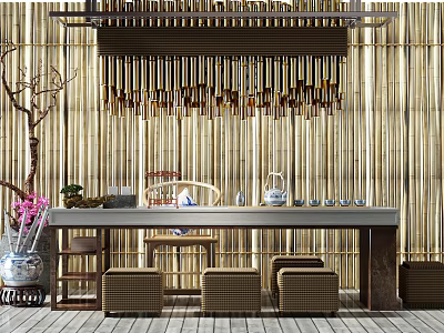 Chinese Style Tea Table And Chairs With Bamboo Backdrop Rattan Stools And Tea Sets 3d model