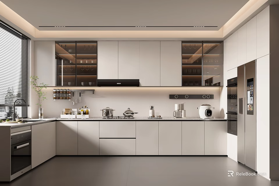 Modern Kitchen Interior Design With White Cabinets Glass Door Upper And Black Countertop Appliances 3d model 