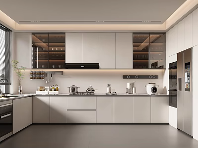 Modern Kitchen Interior Design With White Cabinets Glass Door Upper And Black Countertop Appliances 3d model
