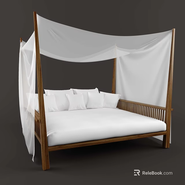 Double Bed With Wooden Frame White Canopy Mattress And White Pillows Interior 3d model 