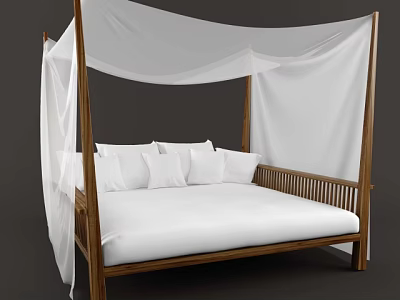 Double Bed With Wooden Frame White Canopy Mattress And White Pillows Interior 3d model