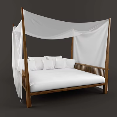 Double Bed With Wooden Frame White Canopy Mattress And White Pillows Interior 3d model