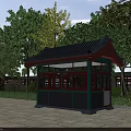 Traditional Guard Booth with Black Tiled Roof Green Red Frame and Trees Around Stone Pavement
