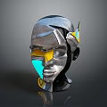 Futuristic Cyborg Character 3D Model Mechanical Head With Metallic Design And Yellow Blue Accents