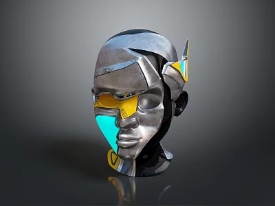 Futuristic Cyborg Character 3D Model Mechanical Head With Metallic Design And Yellow Blue Accents 3d model