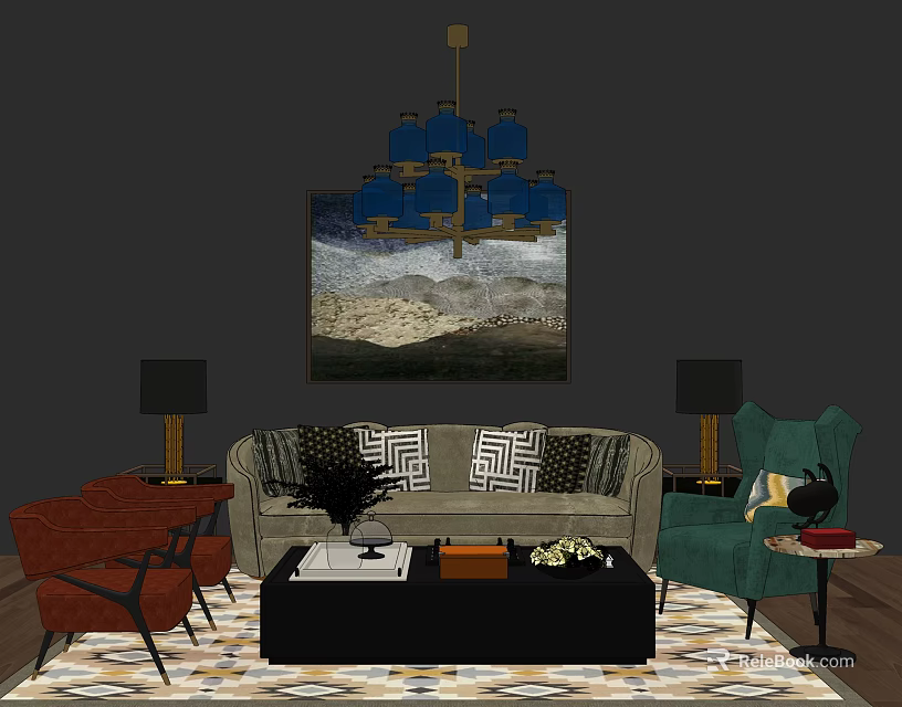 Modern Sofa Coffee Table Combination With Patterned Pillows Area Rug And Wall Art 3d model