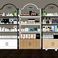 Modern Retail Display Shelves with Various Products Plants Colored Cabinets and Top Logo Signs