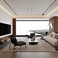Modern Living Room With Beige Sofa Large Windows Scenic View Coffee Table And Area Rug