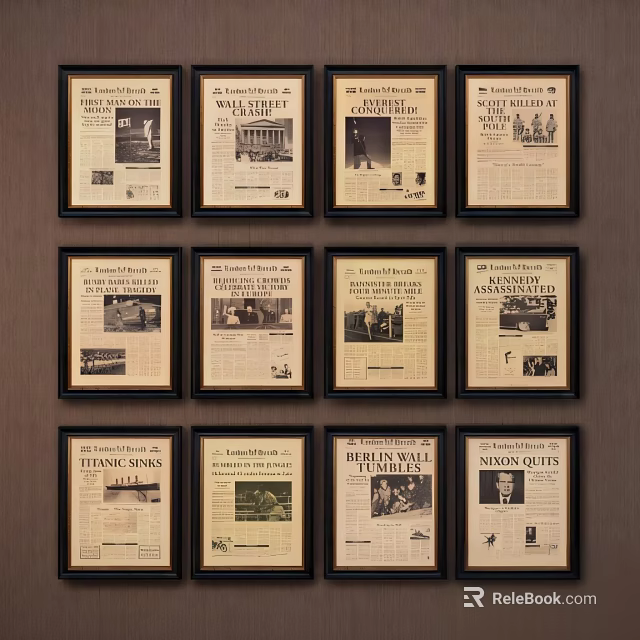Multiple Framed Vintage Newspaper Style Portrait Paintings Arranged On Dark Wall 3d model 
