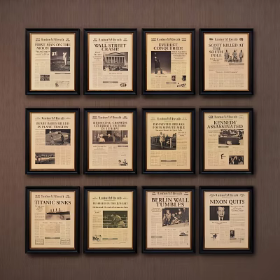 Multiple Framed Vintage Newspaper Style Portrait Paintings Arranged On Dark Wall 3d model