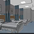 Hospital Ward Interior Featuring Beds Blue White Curtains Decorative Paintings Wooden Walls And Flooring