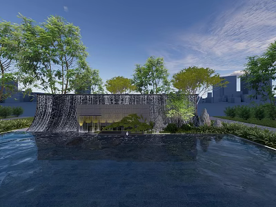 Modern Water Feature Wall Design With Reflecting Pool And Green Trees Under Blue Sky 3d model