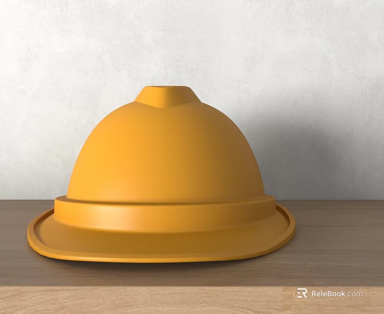 Yellow Hard Hat Placed On Wooden Table Against Gray Wall Surface 3d model