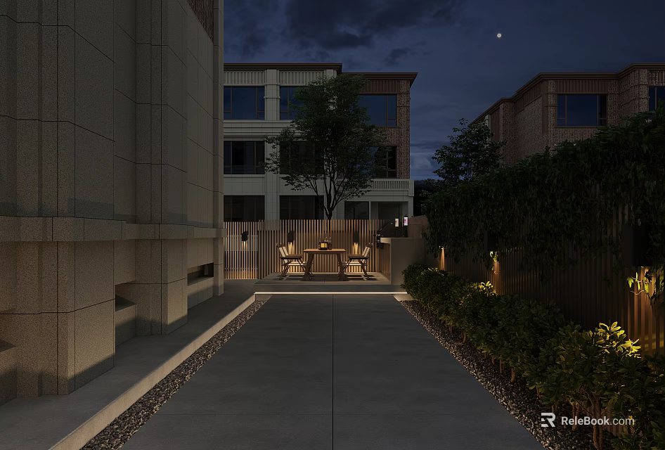 Modern Garden Landscape Design With Courtyard Pathway Seating Trees And Evening Lighting 3d model 