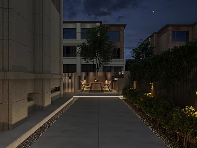 Modern Garden Landscape Design With Courtyard Pathway Seating Trees And Evening Lighting 3d model