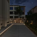Modern Garden Landscape Design With Courtyard Pathway Seating Trees And Evening Lighting