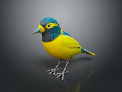 Vibrant Bird With Blue Head Yellow Body And Black Throat On Black Reflective Background 3d model