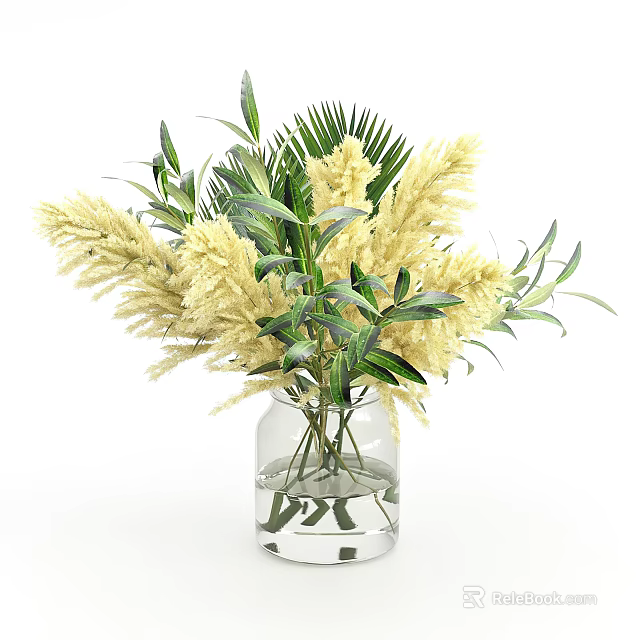 Decorative Ornament Set With Transparent Glass Vase Yellow Pampas And Green Leaves 3d model 