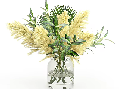 Decorative Ornament Set With Transparent Glass Vase Yellow Pampas And Green Leaves 3d model