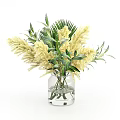 Decorative Ornament Set With Transparent Glass Vase Yellow Pampas And Green Leaves