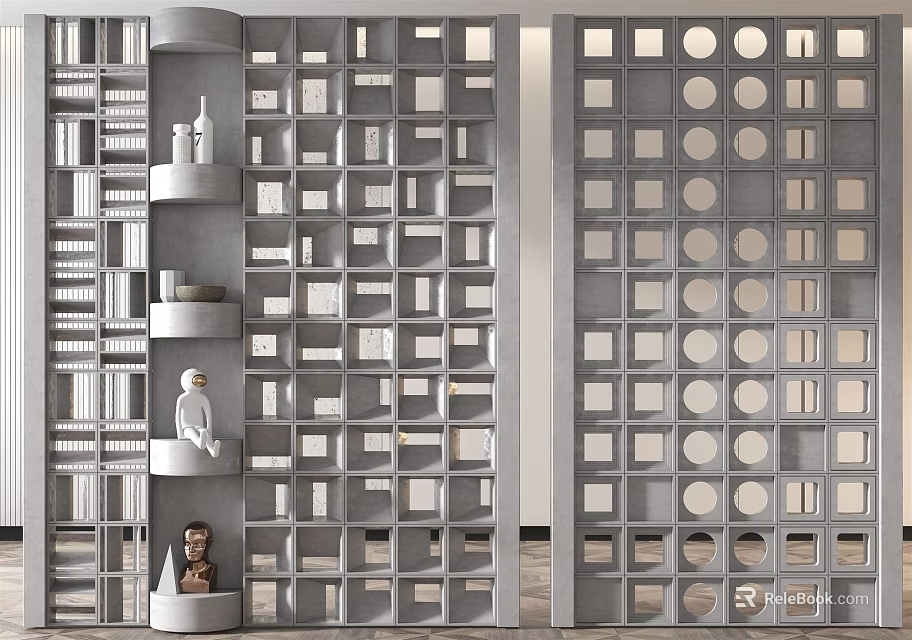 Modern Room Divider With Grid Pattern And Circular Holes For Interior Space Separation 3d model 