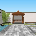 Traditional Chinese Wooden Pavilion In Garden With Grass Bamboo And Stone Lantern