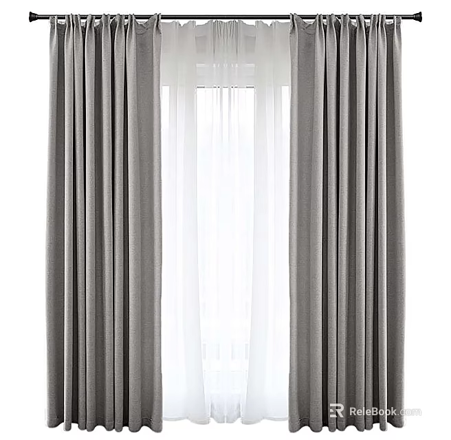 Modern Gray Curtains With White Sheer Layers For Home Interior Design 3d model 