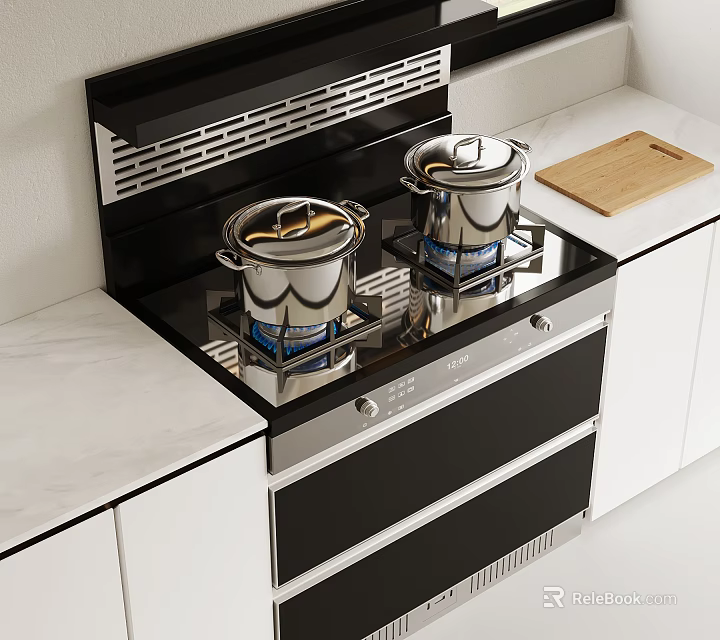 Modern Kitchen Stove Top With Silver Pots Wooden Cutting Board Marble Countertop And White Cabinets 3d model 