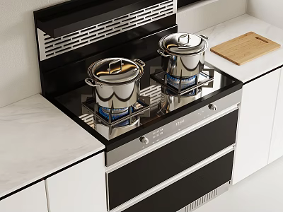 Modern Kitchen Stove Top With Silver Pots Wooden Cutting Board Marble Countertop And White Cabinets 3d model